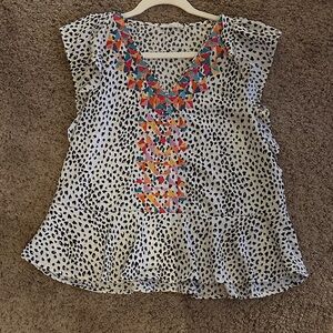 THML Flutter Sleeve Spotted V-Neck Blouse with Colorful Embroidery Design